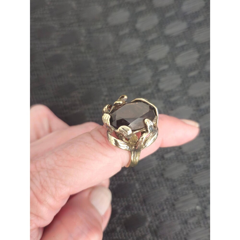 Vintage Smoky Quartz Statement Ring Gold Tone Brutalist Modernist Cocktail Ring